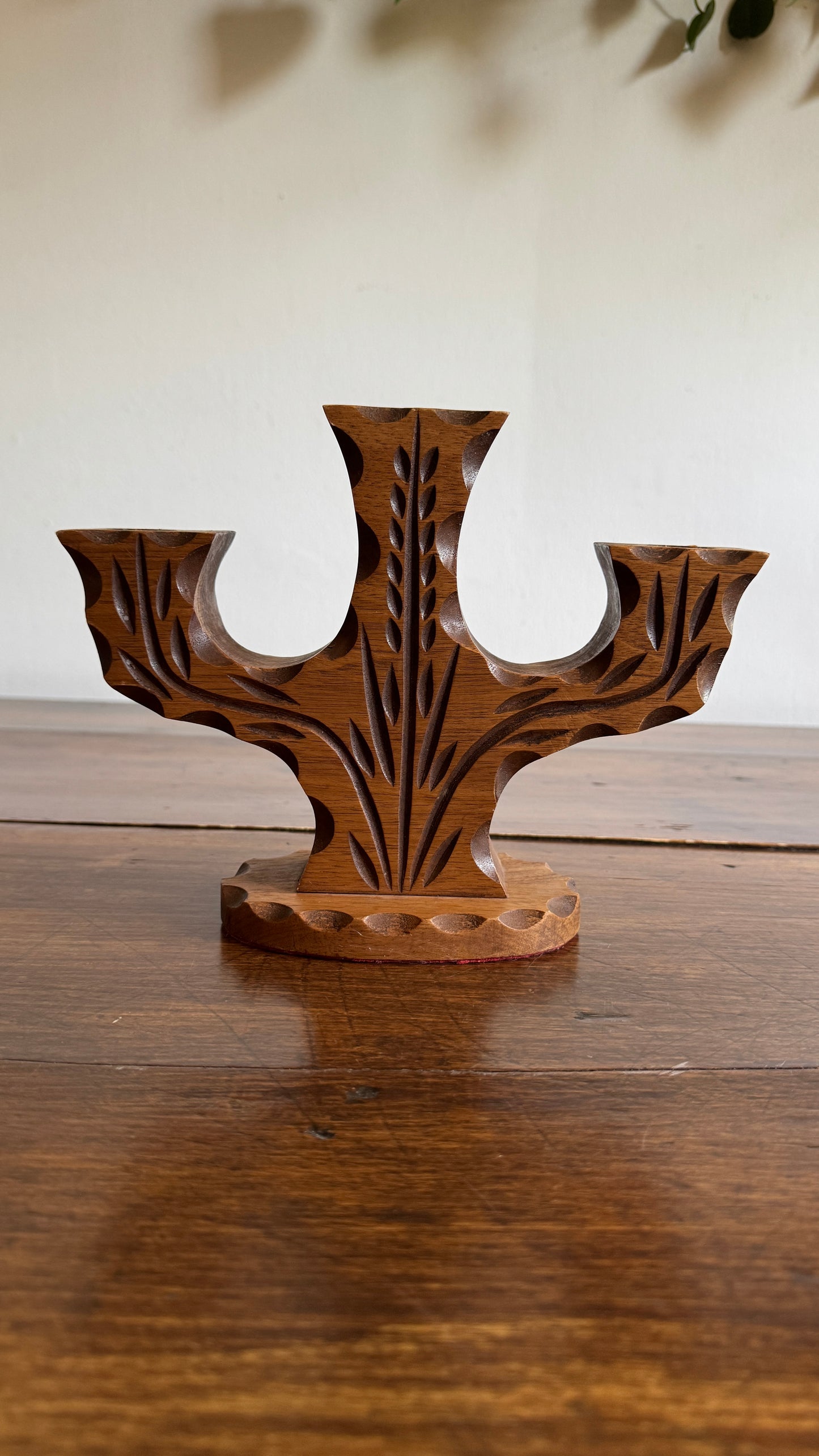 Vintage Wood Folk Art Carved Candelabra