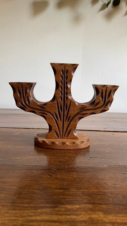 Vintage Wood Folk Art Carved Candelabra