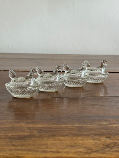 Mini Clear Glass Hen on Nest Salt Cellars - Lot of Four (Read)