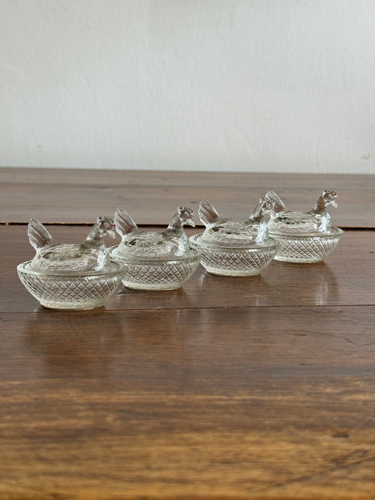 Mini Clear Glass Hen on Nest Salt Cellars - Lot of Four (Read)
