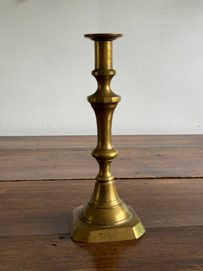 Single Large Brass Candlestick with Squared Base and Simple Fluted Post Detailing