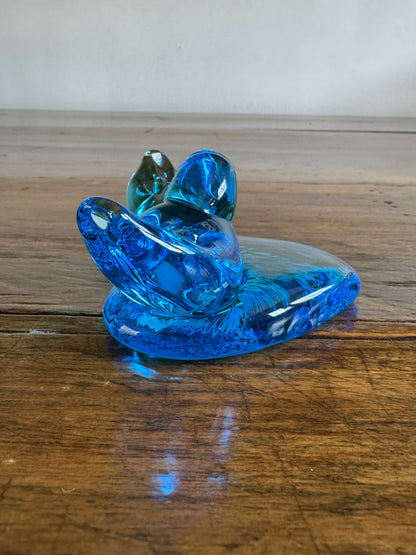 Vintage Glass Blue Birds of Happiness on Heart - Signed Paperweight