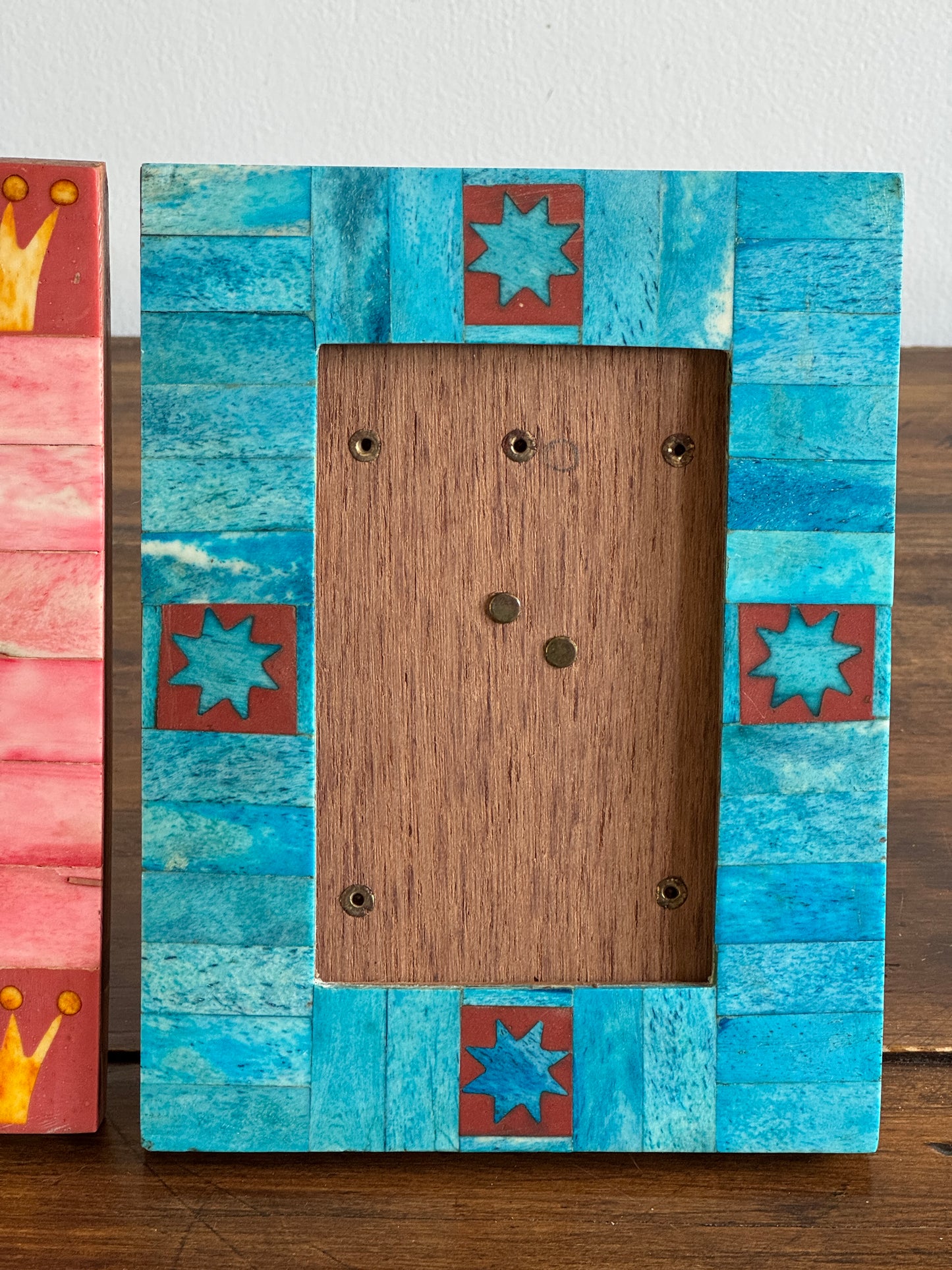 PICK ONE Pink or Blue Inlay Bone on Wood 4x6 Photo Frame