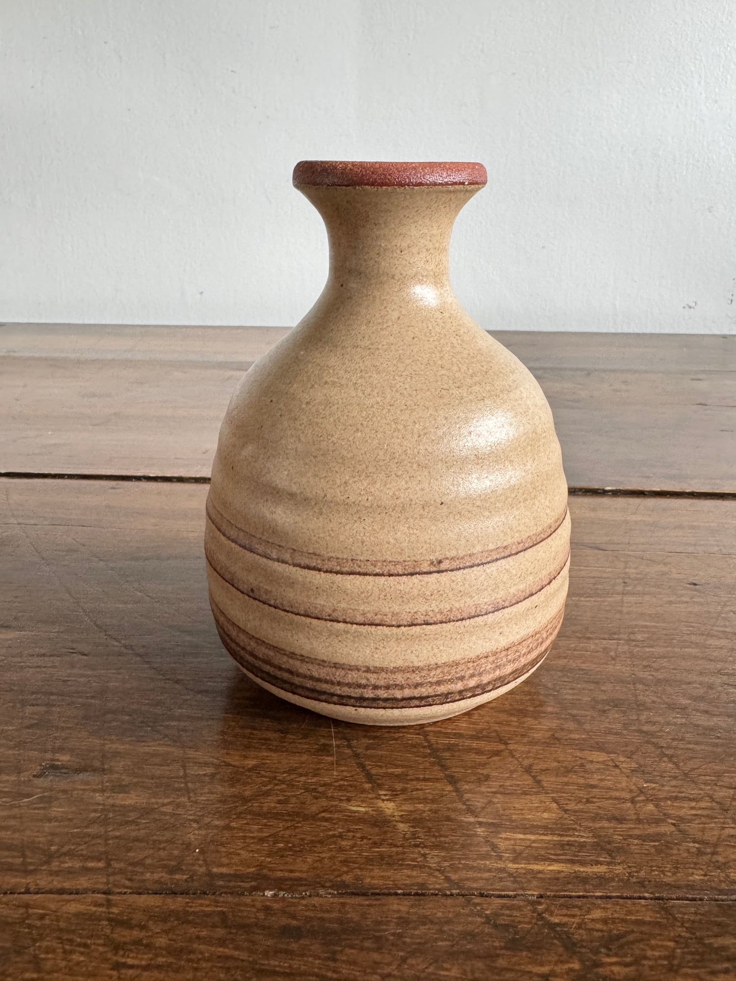 Earthenware Pottery Vase with Tan and Brown Stripe Detailing and Thin Fluted Neck