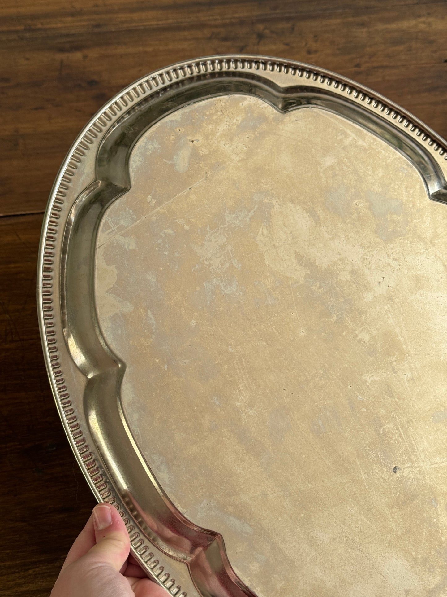 Vintage Silver Tone Large Oval Tray with Scalloped Edge Detailing