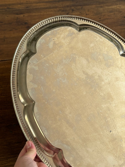 Vintage Silver Tone Large Oval Tray with Scalloped Edge Detailing