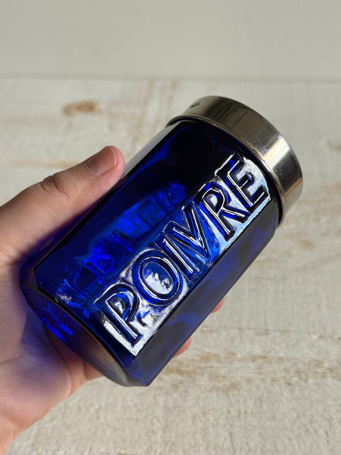 Single Vintage Cobalt Blue Glass with Metal Lid Pepper Shaker - Large Retro Kitchen Pepper Shaker