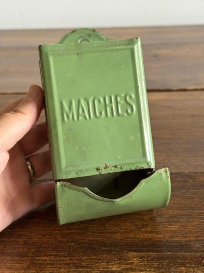 Vintage Painted Light Green Metal Small Match Holder