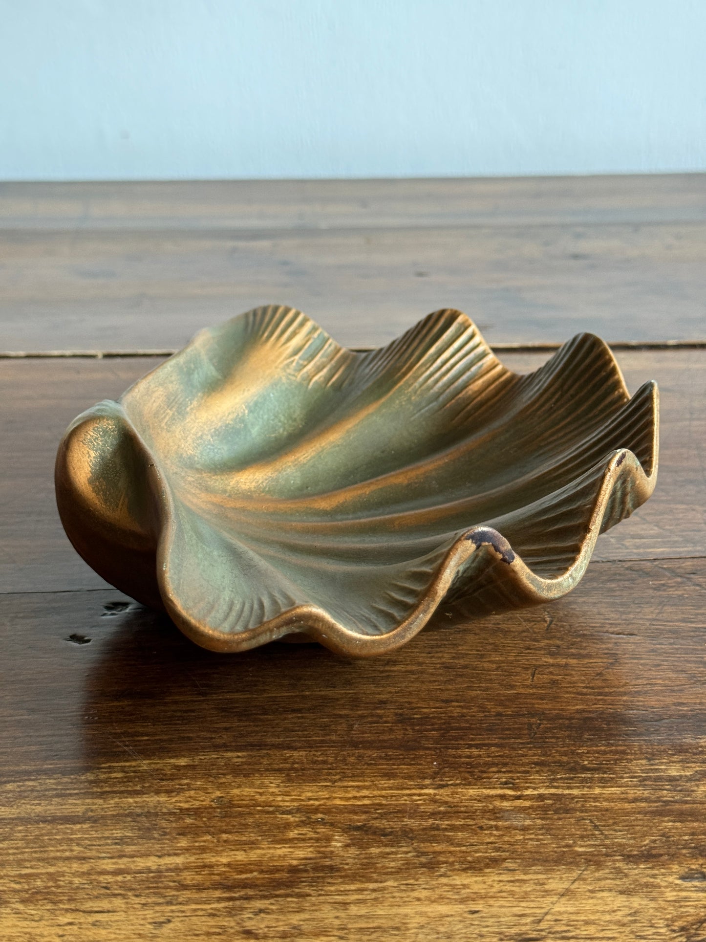 Pottery Shell Shaped Bowl with Faux Metal/Patina Finish - Made in Mexico
