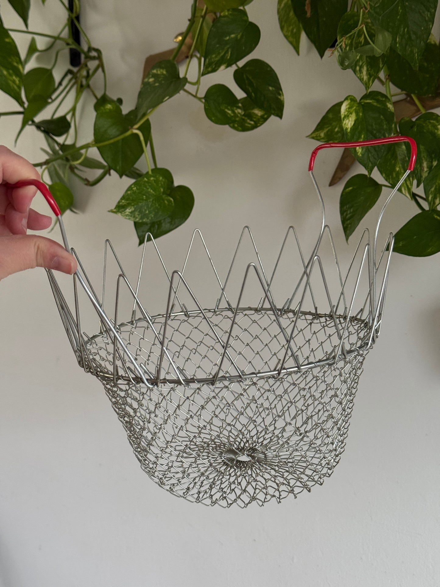 ONE Collapsible Metal Mesh Wire Egg Collecting Basket with Red Handles