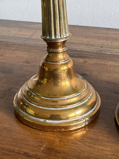 Vintage Pair of Brass Candlestick Holders with Ribbed Post and Weighted Bases