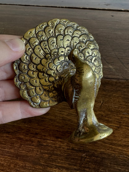 Vintage Pair of Brass Peacocks with Opened Fan Tail Feathers