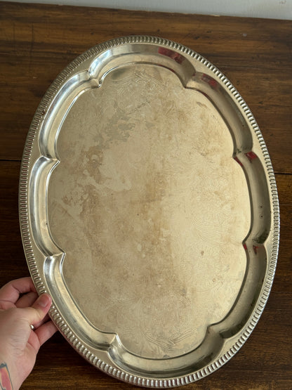Vintage Silver Tone Large Oval Tray with Scalloped Edge Detailing