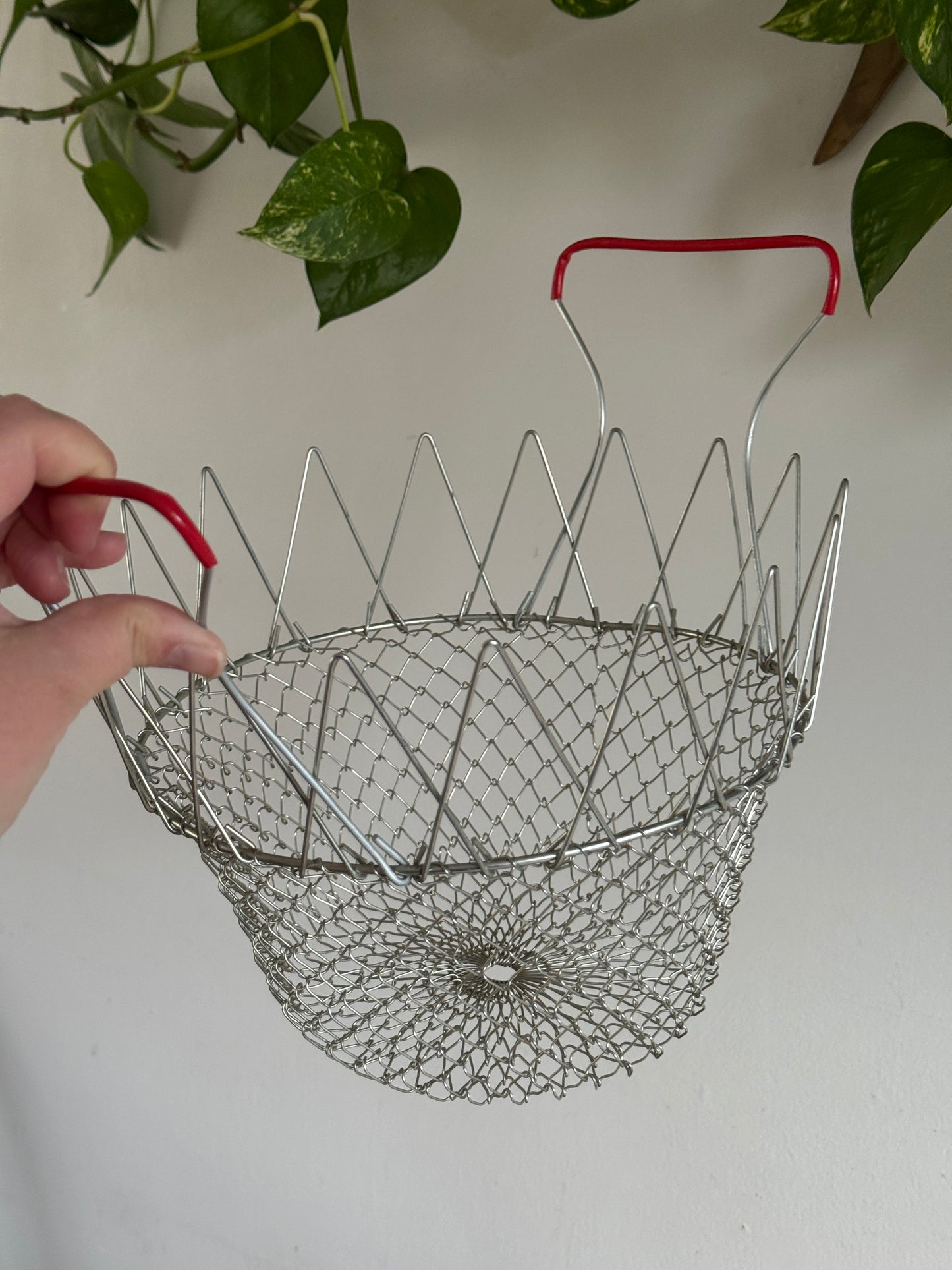 ONE Collapsible Metal Mesh Wire Egg Collecting Basket with Red Handles