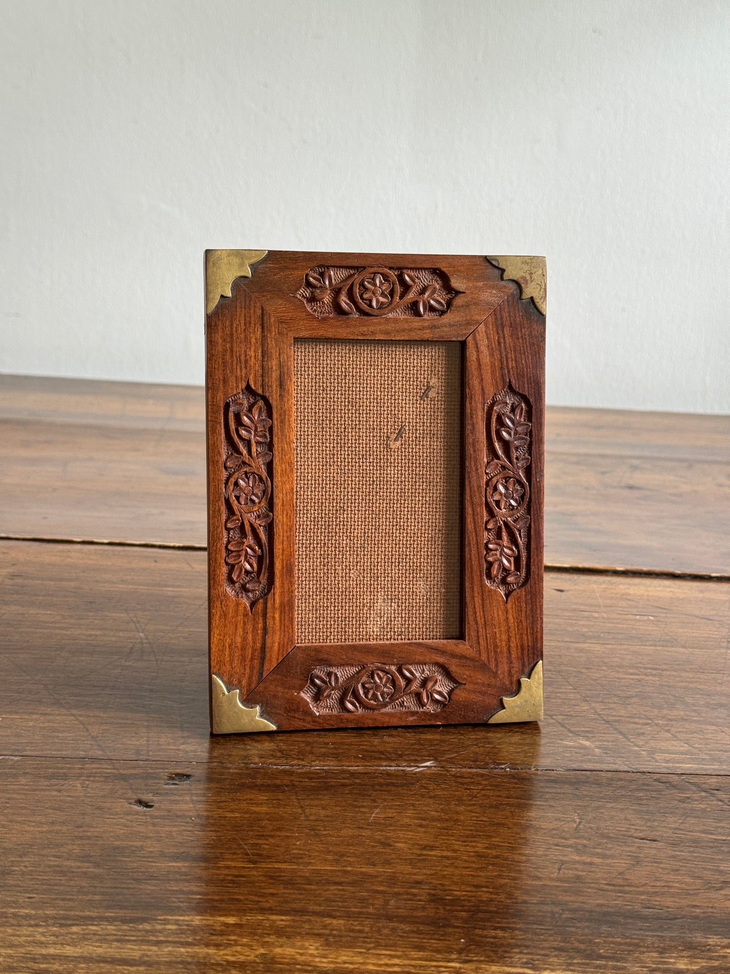 Wood Etched Frame with Floral Carvings and Brass Accents - Made in India