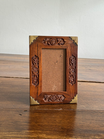 Wood Etched Frame with Floral Carvings and Brass Accents - Made in India