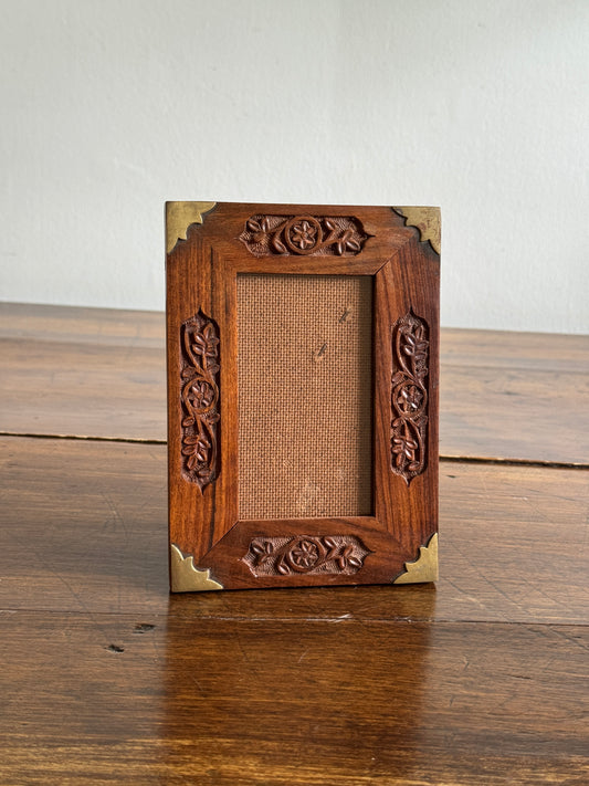 Wood Etched Frame with Floral Carvings and Brass Accents - Made in India