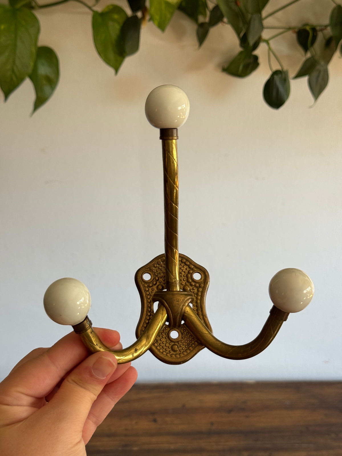 Vintage Ceramic Ball And Brass Wall Hook with Three Hooks