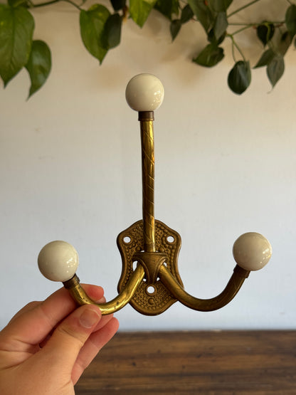 Vintage Ceramic Ball And Brass Wall Hook with Three Hooks