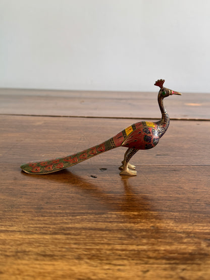 Brass Peacock Figurine with Etched and Enamel Painted Detailing