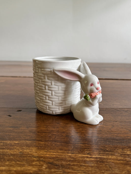 Vintage Fitz & Floyd Bunny Eating Carrot with White Basket Weave Holder 1979 - Made in Japan
