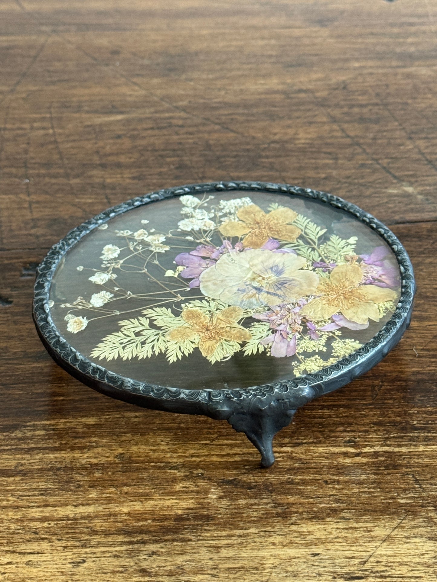 Vintage Pressed Flower Glass Trivet with Metal Edge and Feet