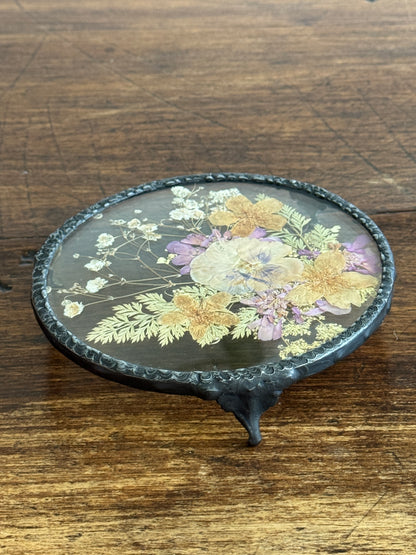 Vintage Pressed Flower Glass Trivet with Metal Edge and Feet