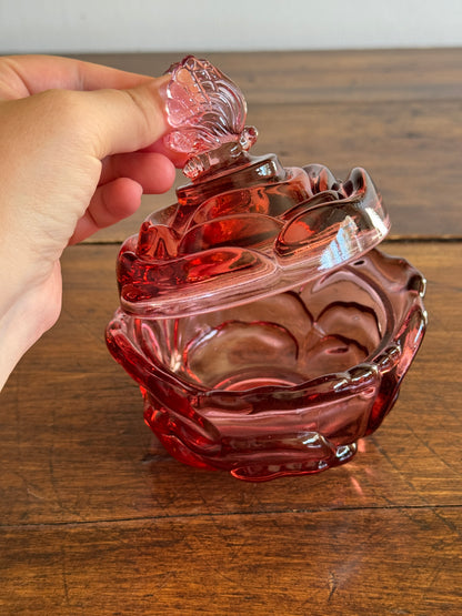 Vintage Fenton Pink Dusty Rose Butterfly Trinket Dish with Lid