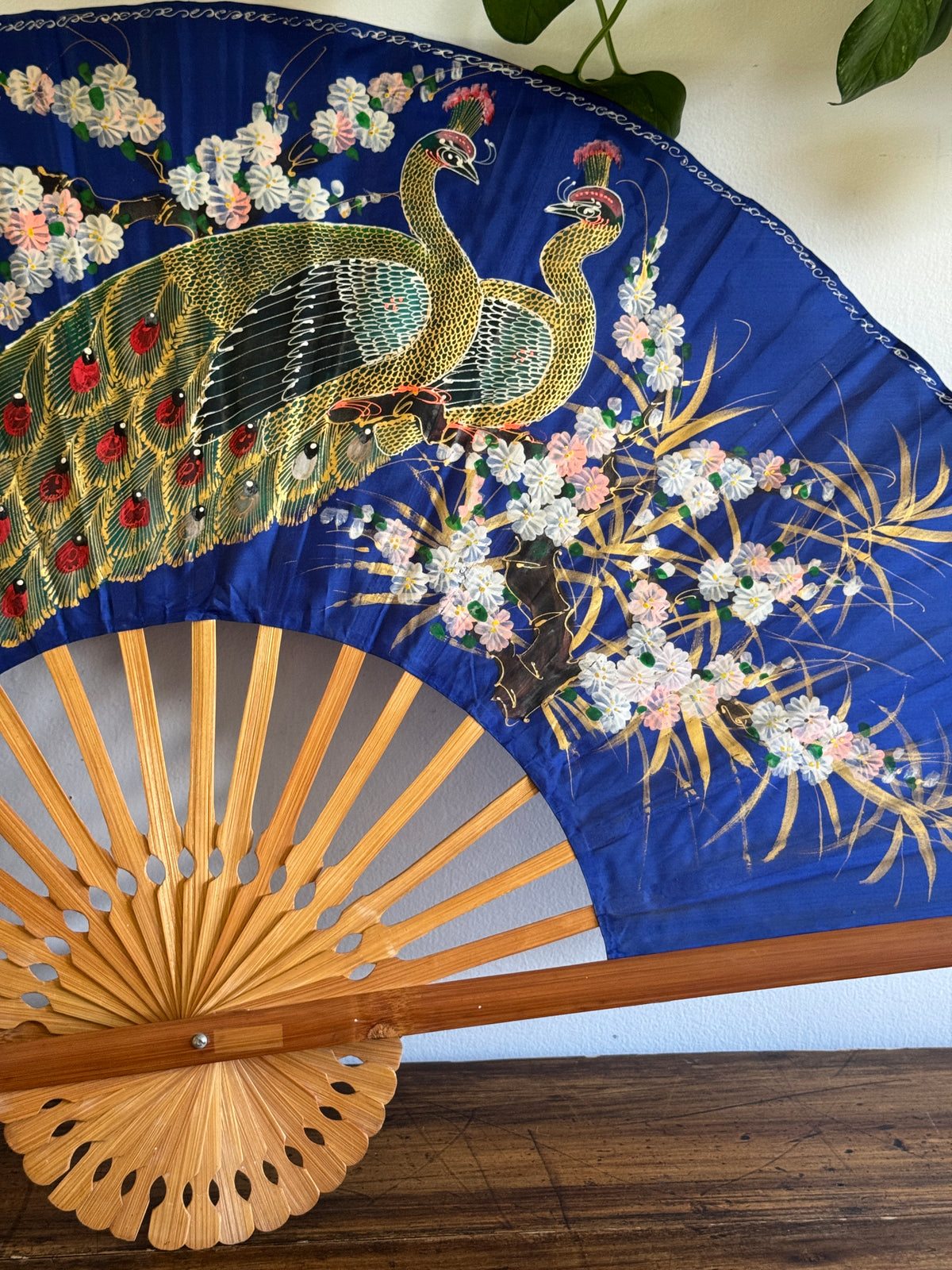 Extra Large Painted Fabric Fan with Peacock and Flowers