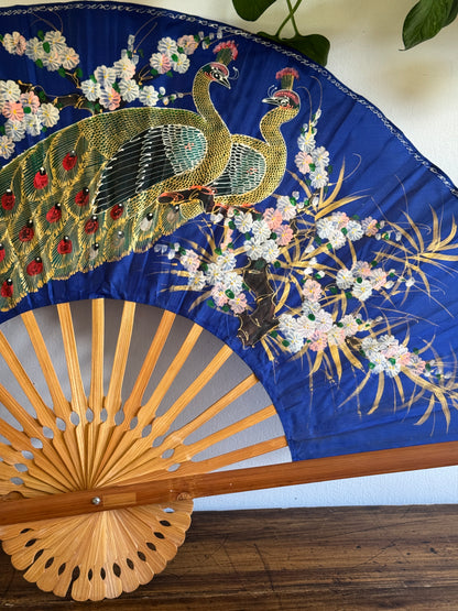 Extra Large Painted Fabric Fan with Peacock and Flowers