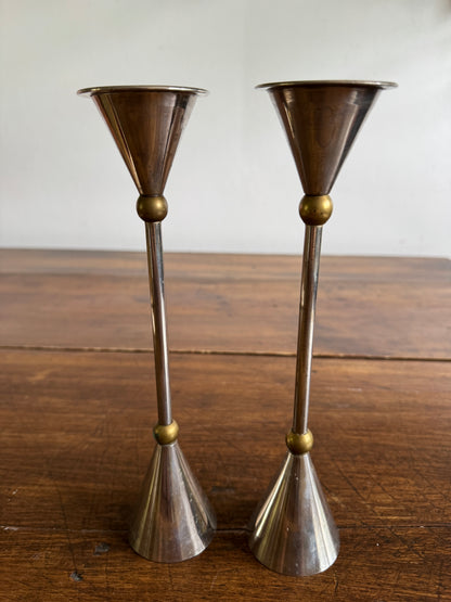 Vintage Pair of Memphis Design Style Candle Holders - Silver Tone with Brass Metal Candlestick Holders - Modernist Design