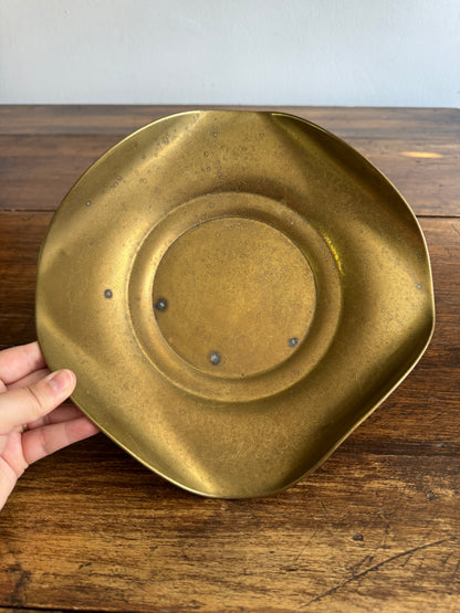 Vintage Curled Edge Brass Bowl with Light Floral Etched Pattern