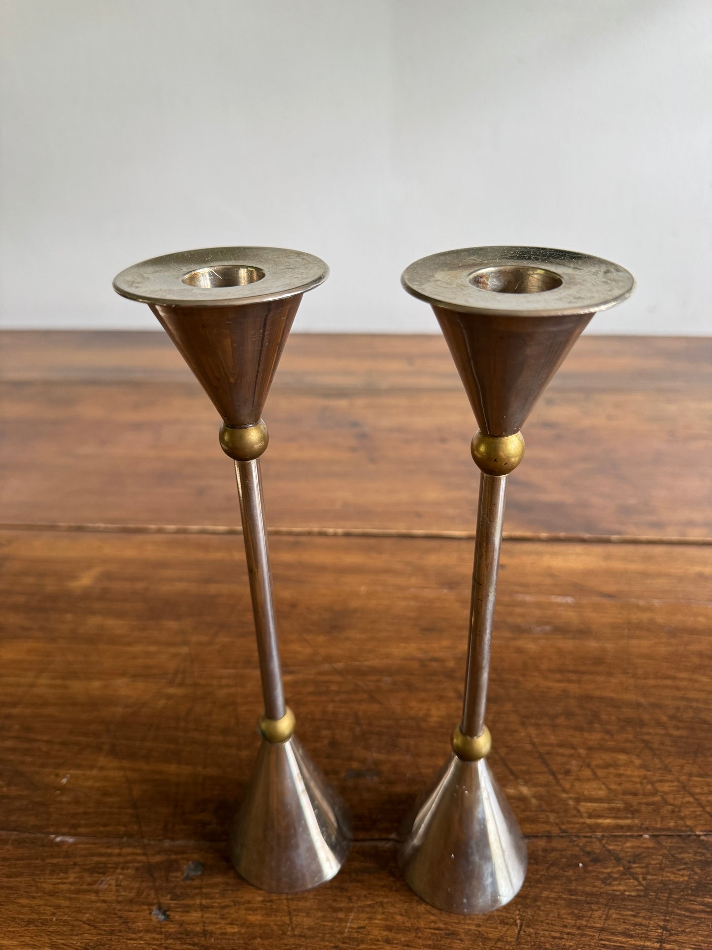Vintage Pair of Memphis Design Style Candle Holders - Silver Tone with Brass Metal Candlestick Holders - Modernist Design