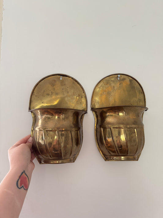 Pair of Vintage Brass Wall Plant Pockets - Wall Mounted Plant Holder Set of Two