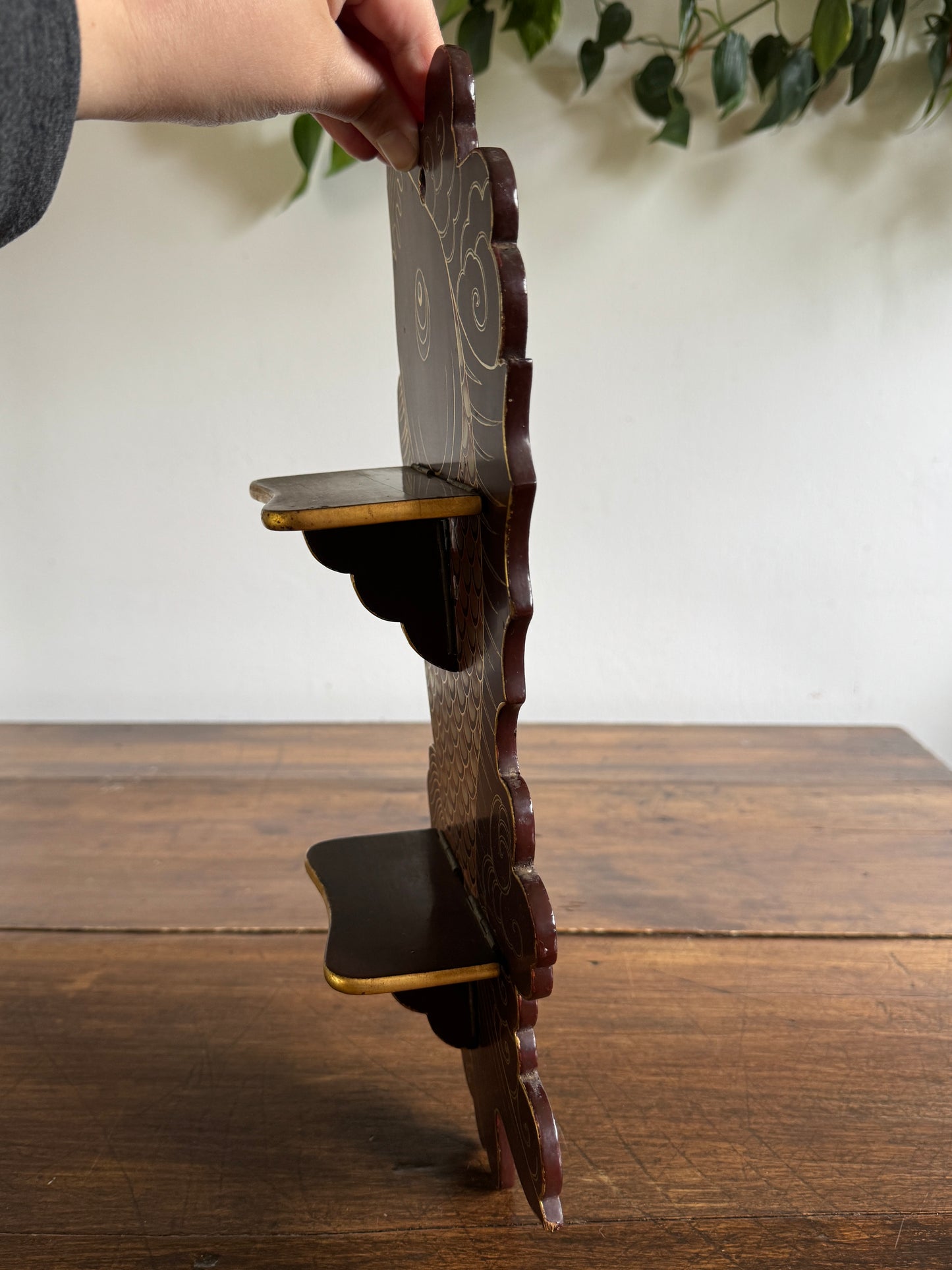 Vintage Wood Folding Koi Shelf with Two Small Ledges