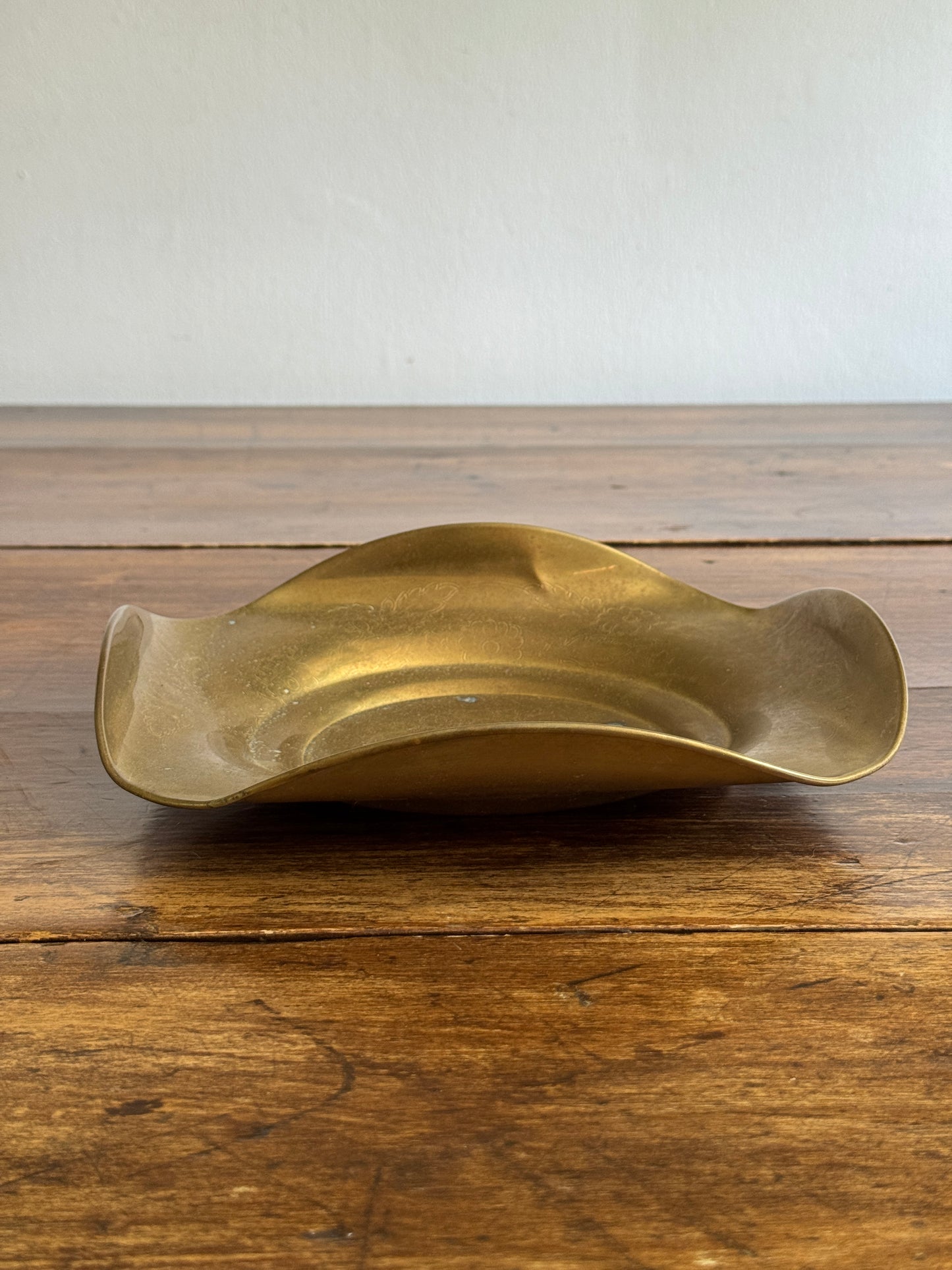 Vintage Curled Edge Brass Bowl with Light Floral Etched Pattern