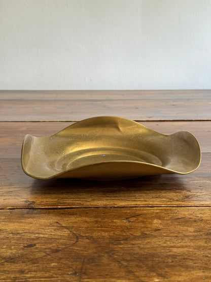 Vintage Curled Edge Brass Bowl with Light Floral Etched Pattern