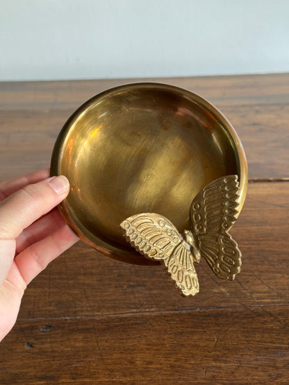 Vintage Brass Shallow Bowl with 3D Butterfly Embellishment - Brass Butterfly Tray