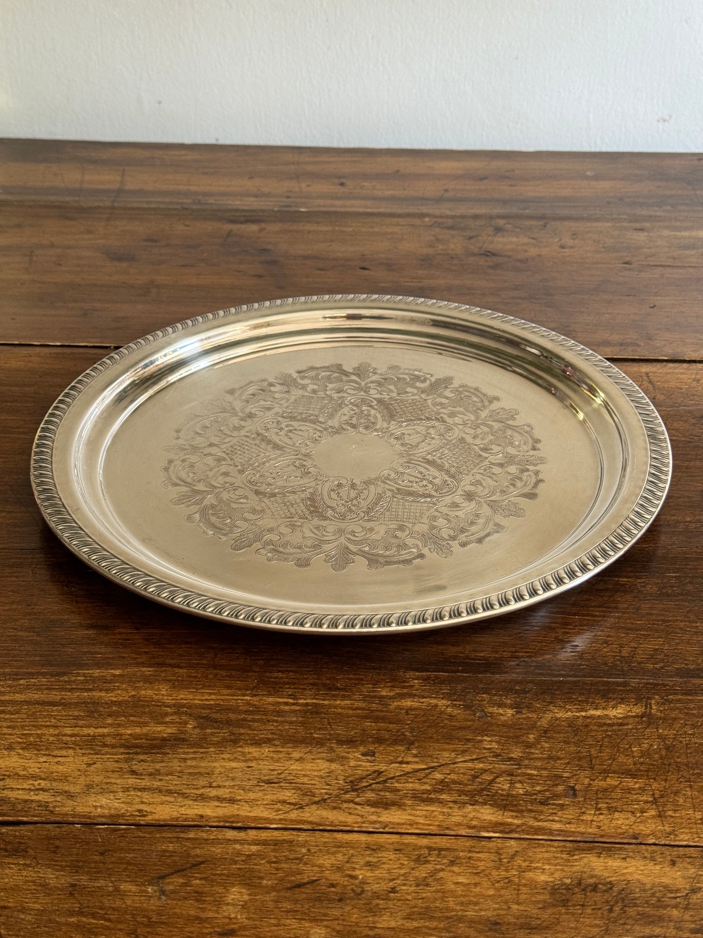 Large Vintage Viking Plate Silver E.P. on Copper Round Tray with Etched Detailing