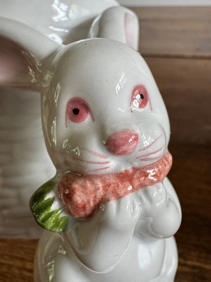 Vintage Fitz & Floyd Bunny Eating Carrot with White Basket Weave Holder 1979 - Made in Japan