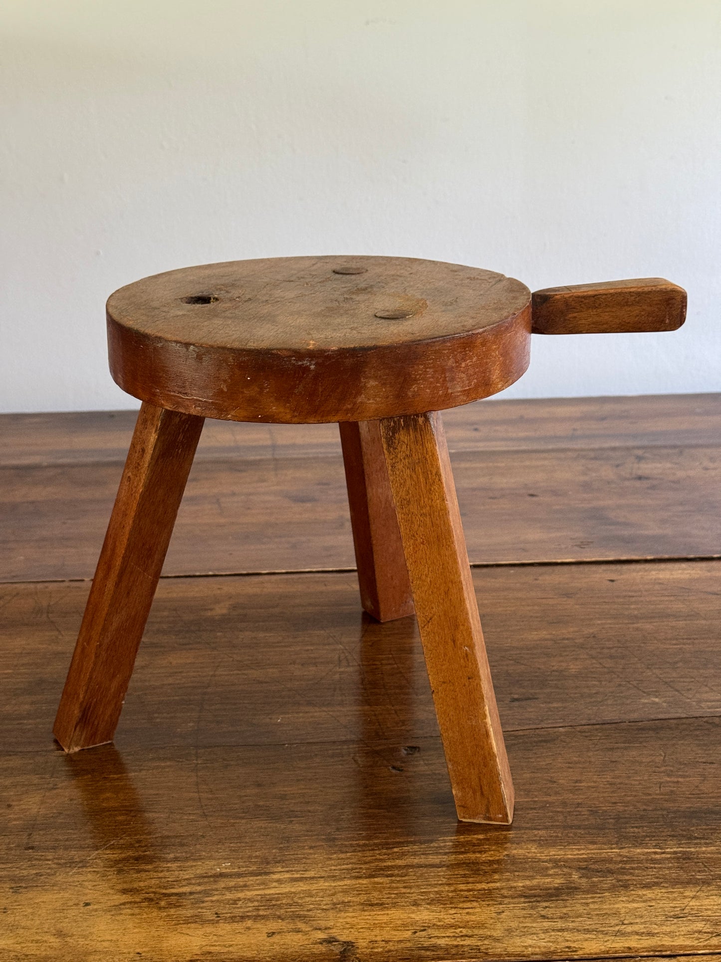 Vintage Small Wood Milk Stool with Handle and Tripod Legs