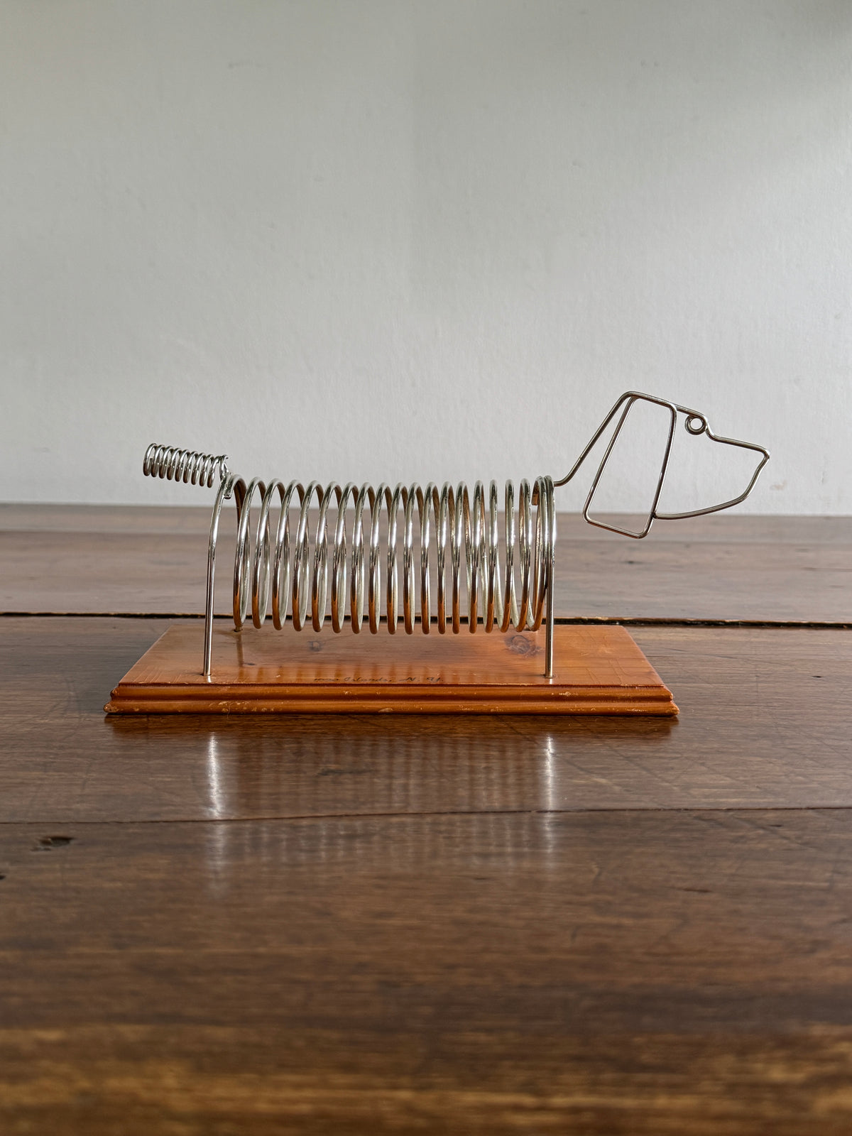 Vintage Dog Shaped Coil Letter Holder - Silver-Tone Metal on Wood Base