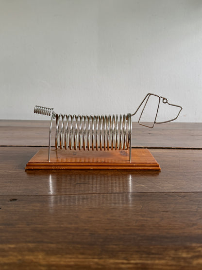 Vintage Dog Shaped Coil Letter Holder - Silver-Tone Metal on Wood Base