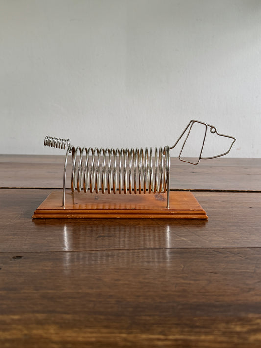 Vintage Dog Shaped Coil Letter Holder - Silver-Tone Metal on Wood Base