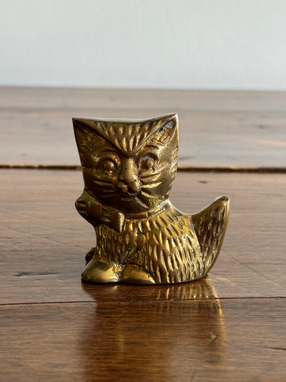 Vintage Brass Cartoon Cat Figurine - Cat with Bow Decor