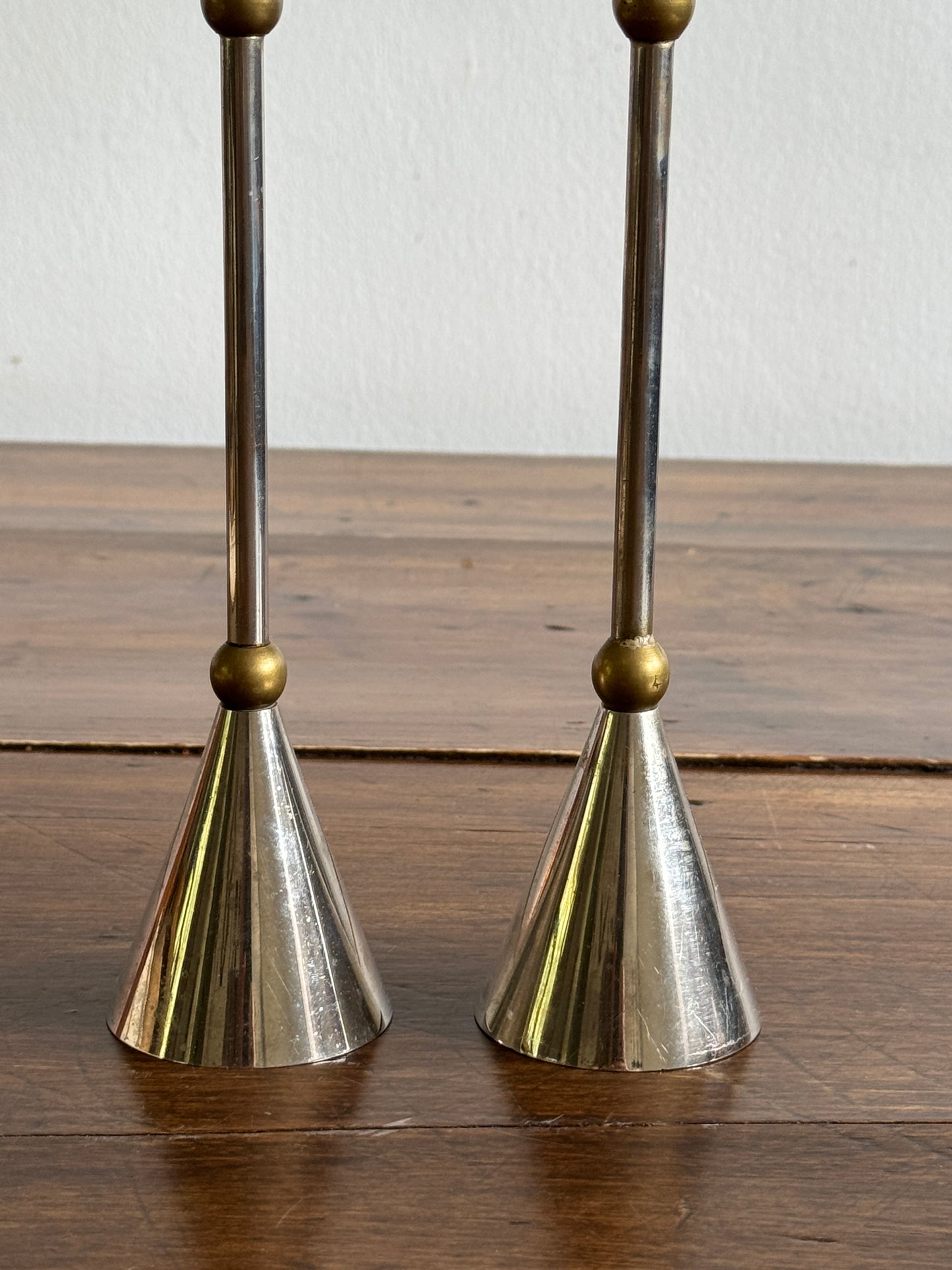 Vintage Pair of Memphis Design Style Candle Holders - Silver Tone with Brass Metal Candlestick Holders - Modernist Design