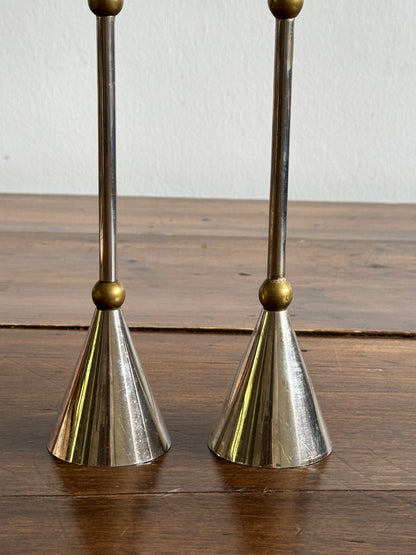 Vintage Pair of Memphis Design Style Candle Holders - Silver Tone with Brass Metal Candlestick Holders - Modernist Design