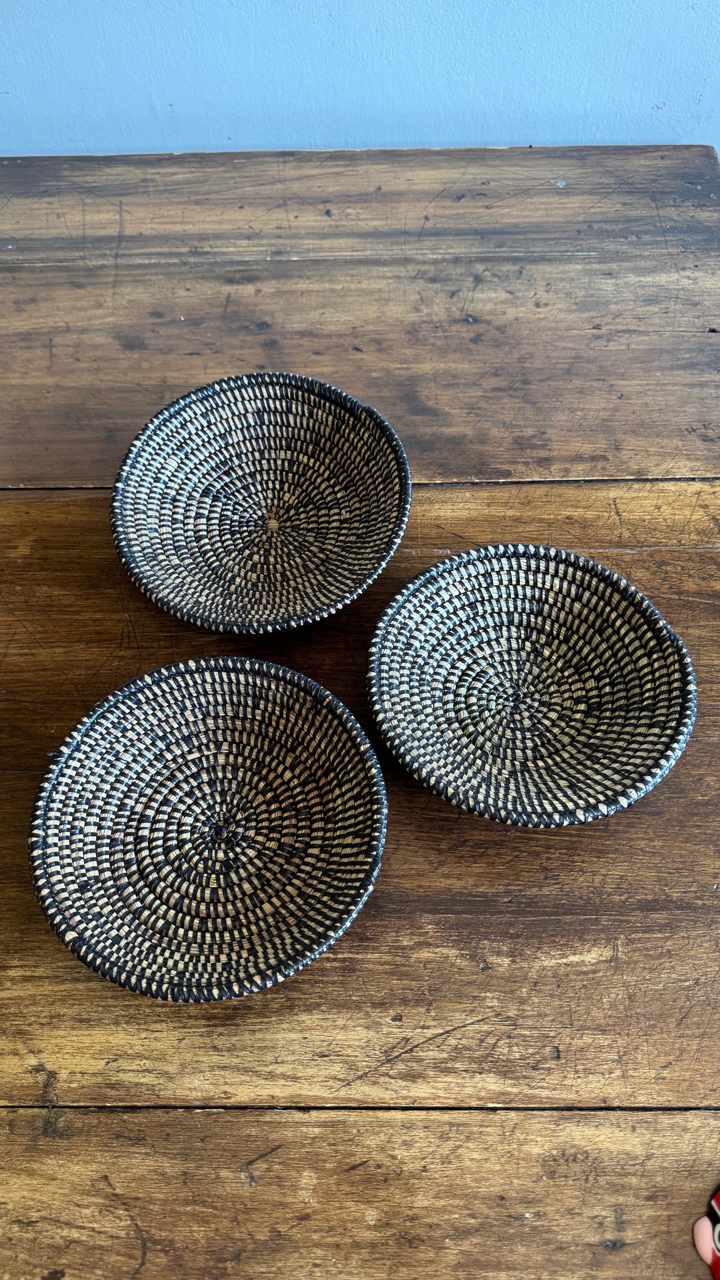 Set of Three Woven Sweet Grass Baskets with Black Accents