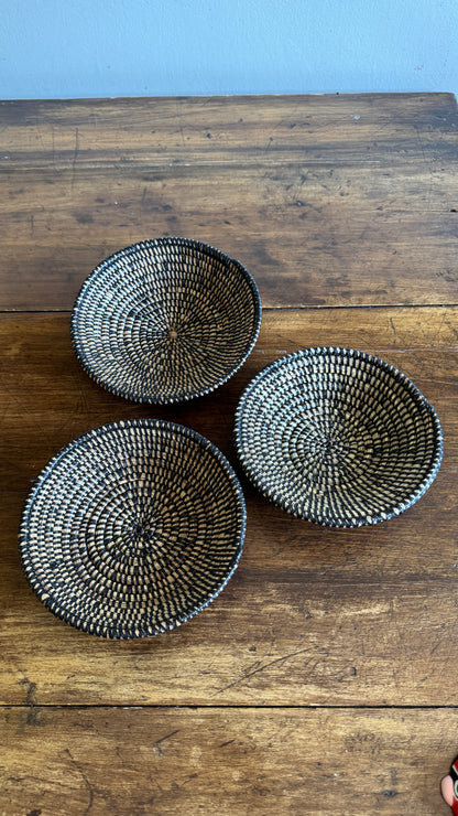 Set of Three Woven Sweet Grass Baskets with Black Accents