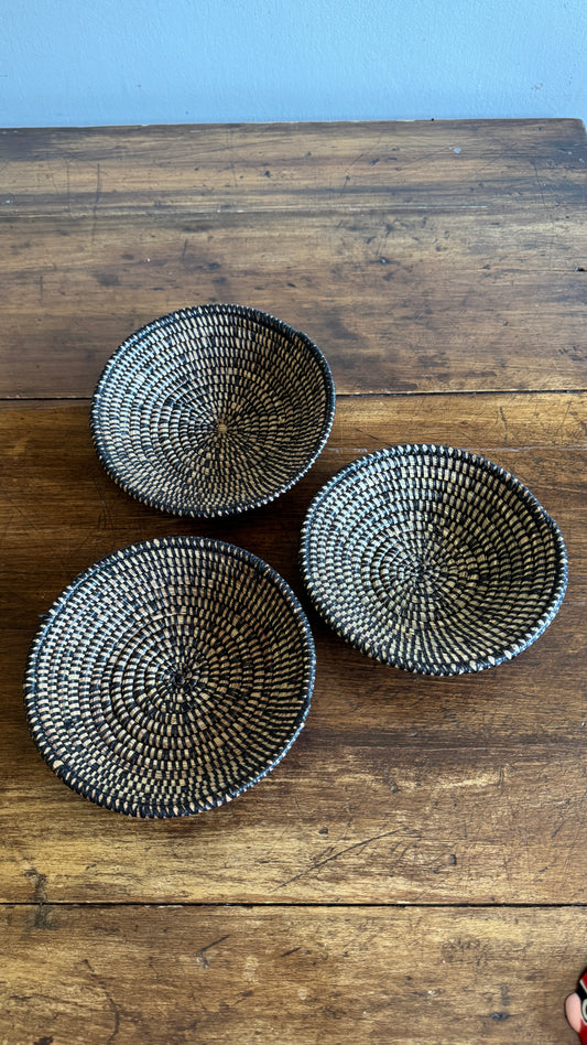 Set of Three Woven Sweet Grass Baskets with Black Accents